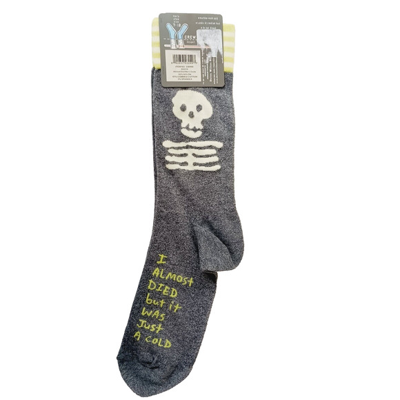 Sock Blue Q Crew Men Women I Almost Died Just Cold Skeleton Skull Bones NWT NEW - Picture 3 of 10